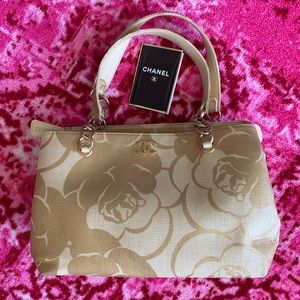 CHANEL Camellia Flower Canvas Gold Printed Tote